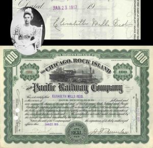 Chicago, Rock Island and Pacific Railway Co. signed by Elisabeth Mills Reid - 1915 and 1917 dated Autograph Railroad Stock Certificate