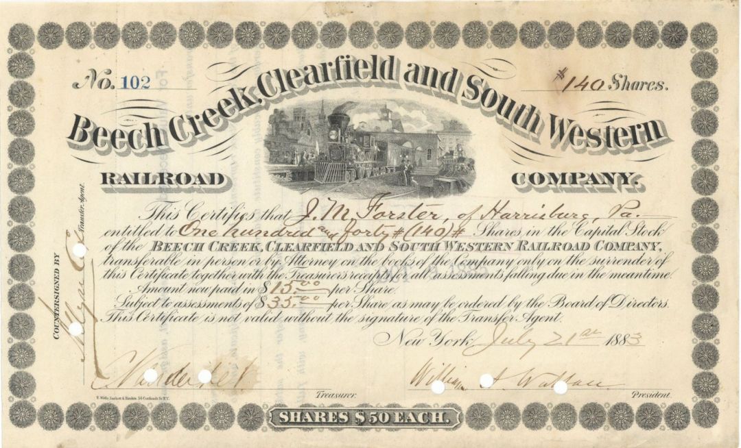 Beech Creek, Clearfield and South Western Railroad Co. Signed by C. Vanderbilt- 1883 dated Autographed Stock Certificate