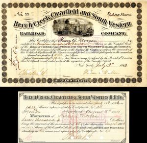 Beech Creek, Clearfield and South Western Railroad Co. Pair Signed by C. Vanderbilt- Autographed Stock Certificate