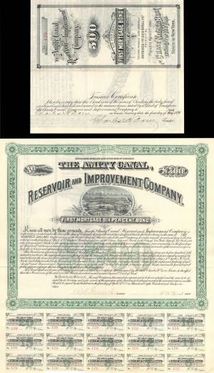 Amity Canal, Reservoir and Improvement Co. Uncanceled Bond signed Twice by Charles H. Dow of Dow Jones Industrial Average Fame - 1891 dated $500 Autographed Bond
