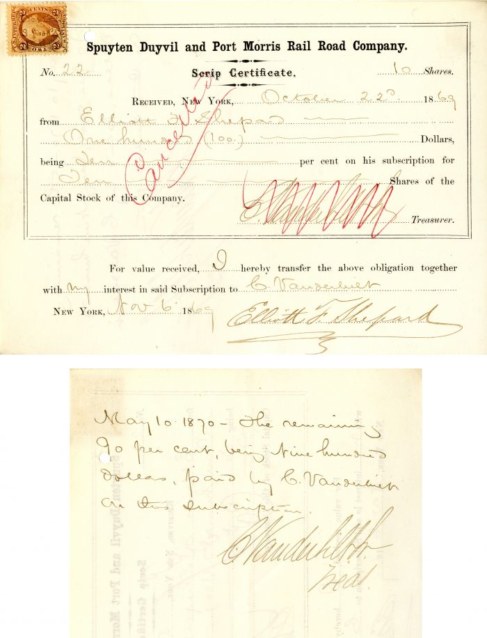 Spuyten Duyvil and Port Morris Rail Road Co. signed by Cornelius Vanderbilt Jr. and transferred to Commodore Vanderbilt - Stock Certificate