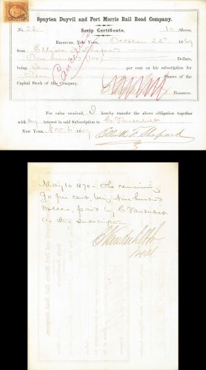 Spuyten Duyvil and Port Morris Rail Road Co. signed by Cornelius Vanderbilt Jr. and transferred to Commodore Vanderbilt - Stock Certificate