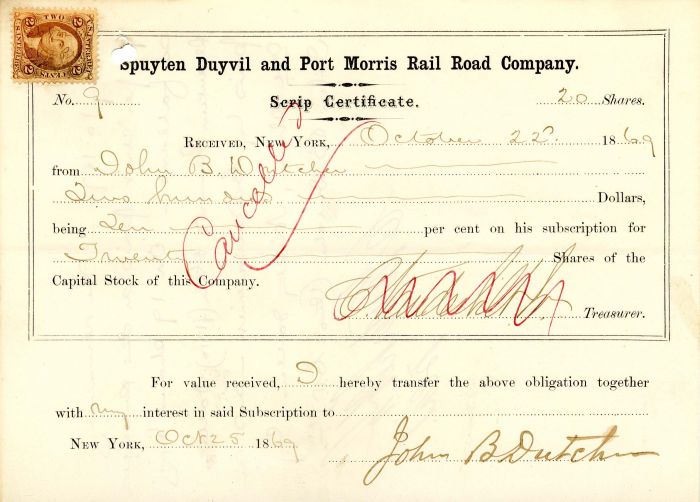 Spuyten Duyvil and Port Morris Rail Road Co. signed by Cornelius Vanderbilt Jr. - Stock Certificate