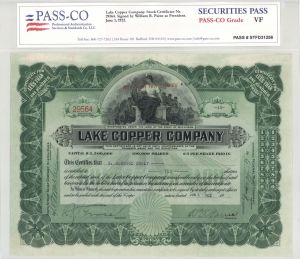 Lake Copper Co. signed by William Albert Paine - 1922 dated PASS-CO authenticated Autographed Stock Certificate