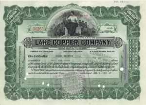 Lake Copper Co. signed by William Albert Paine - 1923 dated Autographed Stock Certificate