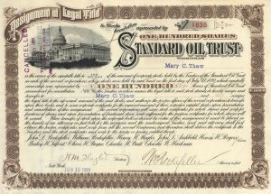 Standard Oil Trust Stock Certificate signed by William Rockefeller and Henry Flagler - Very Rare Signature Combination - 1890's dated Autograph Brown Stock Certificate