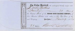  Hudson River Railroad signed by Jacob Little - 1864 dated Autographed Stock Certificate