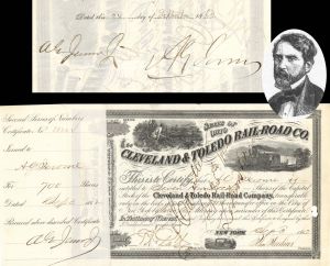 Cleveland and Toledo Railroad Co. issued to and signed by A. G. Jerome and A.G. Jerome Jr. - 1862 dated Autographed Stock Certificate