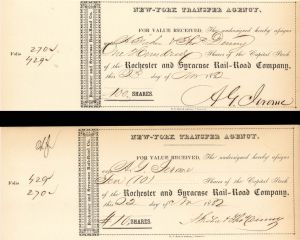 Rochester and Syracuse Rail-Road Co. - Pair of Stock Transfers issued to A.G. Jerome and Signed - 1852 dated Autographed Stock Certificate