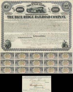 Blue Ridge Railroad Co. $1,000 Bond signed by Henry Clews - 1869 dated Authogragh Railway Bond