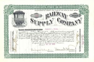 Railway Supply Co. Issued to Isaac L. Rice - 1902 dated Stock Certificate (Uncanceled)