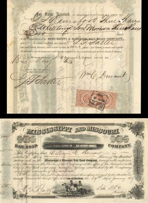 Mississippi and Missouri Railroad Co. Signed by General John A. Dix - 1857 dated Autographed Stock Certificate