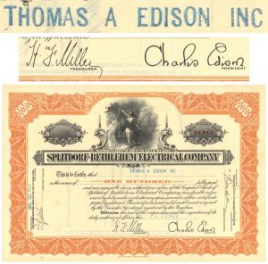 Splitdorf-Bethlehem Electrical Co. issued to Thomas A. Edison Inc. with printed signature of Charels Edison and Harry F. Miller - 1929 dated Stock Certificate (Uncanceled)