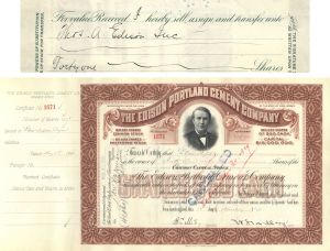 Edison Portland Cement - Transferred to Thomas A. Edison, Inc. - 1900-1920's dated Stock Certificate