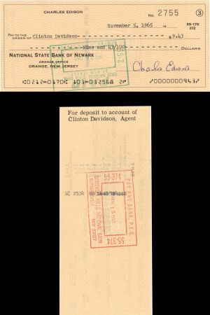 Charles Edison signed Check - 1960's dated Autograph Check