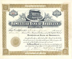 Homestead Bank of Brooklyn signed by E. L. Rockefeller -1913 dated Autographed  Stock Certificate