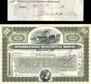 International Mercantile Marine Co. (that Made the Titanic) issued to and signed by Lammot du Pont  - 1918 and 1919 dated Autographed Stock Certificate