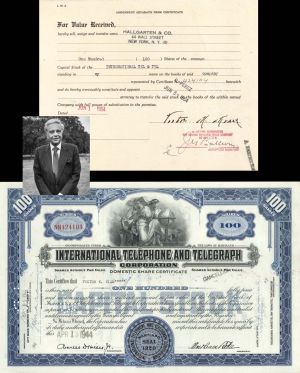 International Telephone and Telegraph Corp. signed by Victor K. Kiam - ITT -1944 or 1950 dated Autographed  Stock Certificate