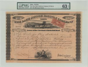 Lake Shore Railway Co. Signed by J. H. Devereux - PASS-CO Authenticated - 1868 dated Autographed Railroad Stock Certificate