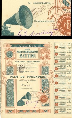 Societe des Micro-Phonographes Signed by Gianni Bettini - 1901 dated Autograph Stock Certificate