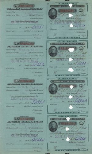Uncut Sheet of 4 Internal Revenue Stamps signed by William Howard Taft - 1882-1887 dated Distillery Warehouse Stamps