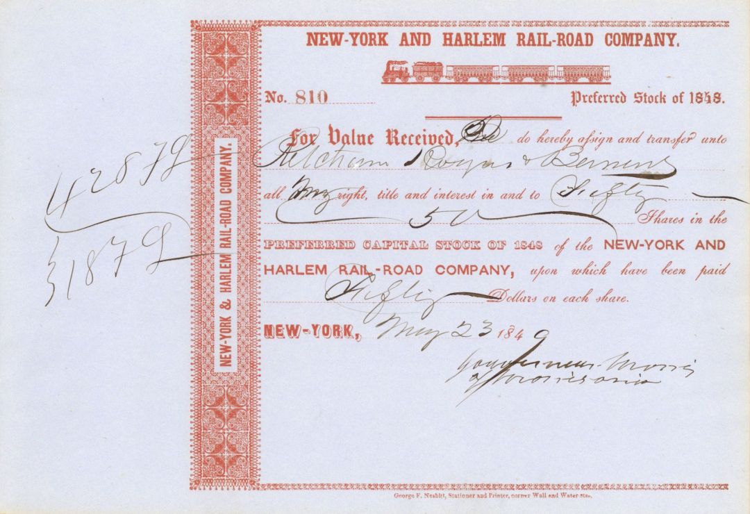 Gouverneur Morris of Morrisania - New York and Harlem Railroad - 1849 dated Autograph Railway Stock Certificate