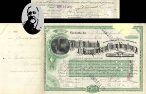 Pittsburgh, McKeesport and Youghiogheny Railroad Co. issued to and signed by James Roosevelt Roosevelt - 1906 dated Autographed Stock Certificate