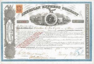 Henry Wells and James C. Fargo - American Express Co - 1866 dated Autograph Stock Certificate