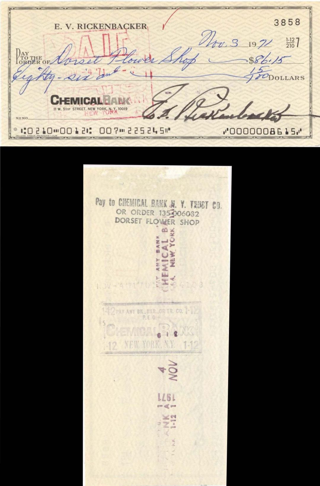 Eddie Rickenbacker signed Check - 1971 dated Autograph