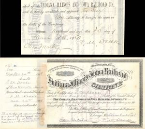Indiana, Illinois & Iowa Railroad Co issued to and signed by F. M. Drake 3 times - 1888 or 1890 dated Autograph Railway Stock Certificate
