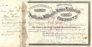Indiana, Illinois & Iowa Railroad Co Signed by F. M. Drake - 1890 dated Autograph Railway Stock Certificate