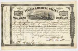 Thomas C. Durant signed Peoria and Bureau Valley Railroad Co. - 1865-69 dated Autograph Railway Stock Certificate