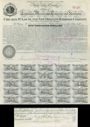 Stuyvesant Fish Signed twice Chicago, St. Louis and New Orleans Railroad - 1877 dated Autograph Railway Bond