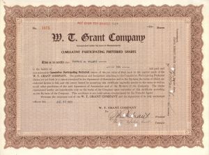 W. T. Grant Co. signed by W.T. Grant - 1922 dated Autographed Stock Certificate