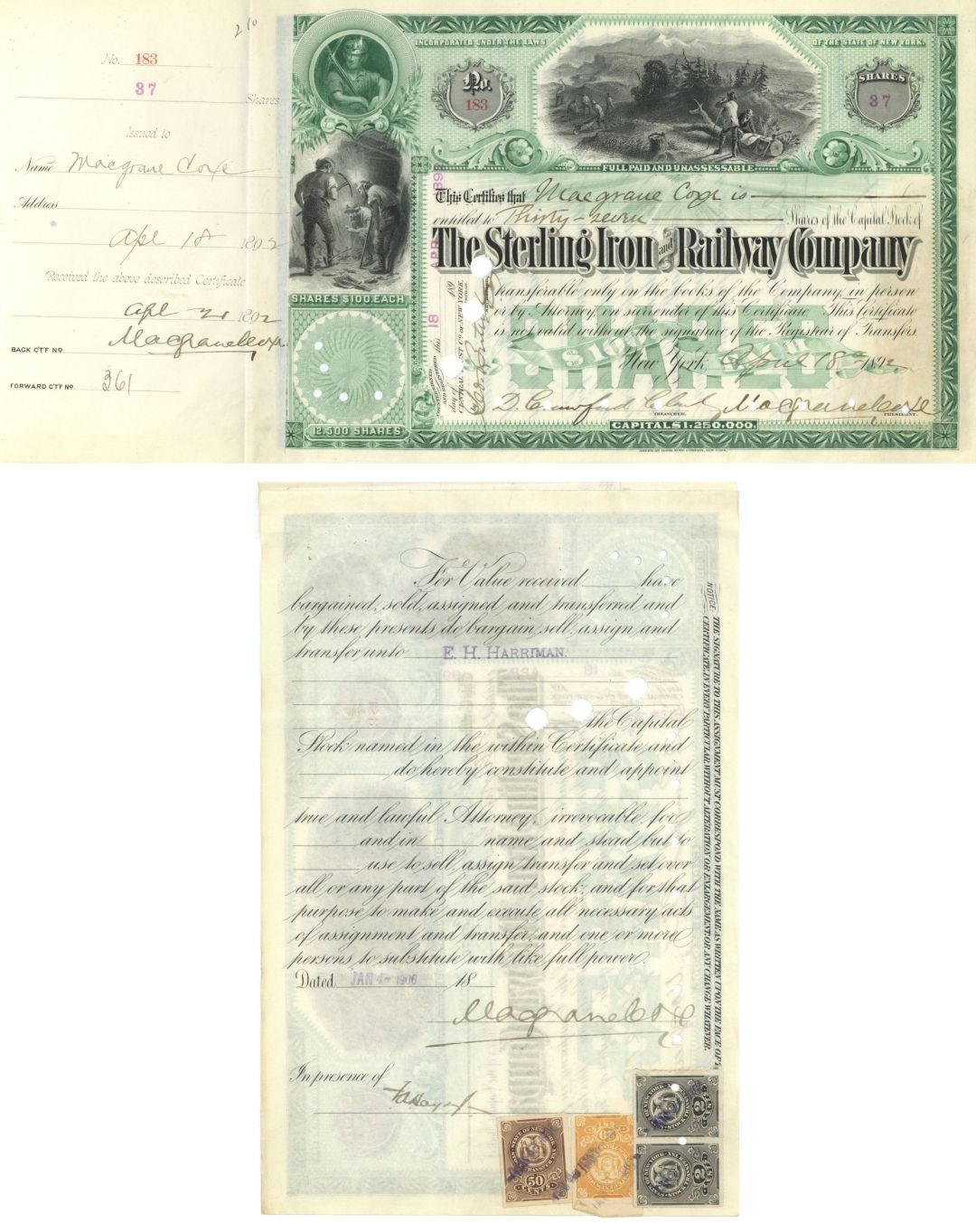 Edward H. Harriman transferred Sterling Iron and Railway Co. - 1892 dated Railroad Mining Stock Certificate