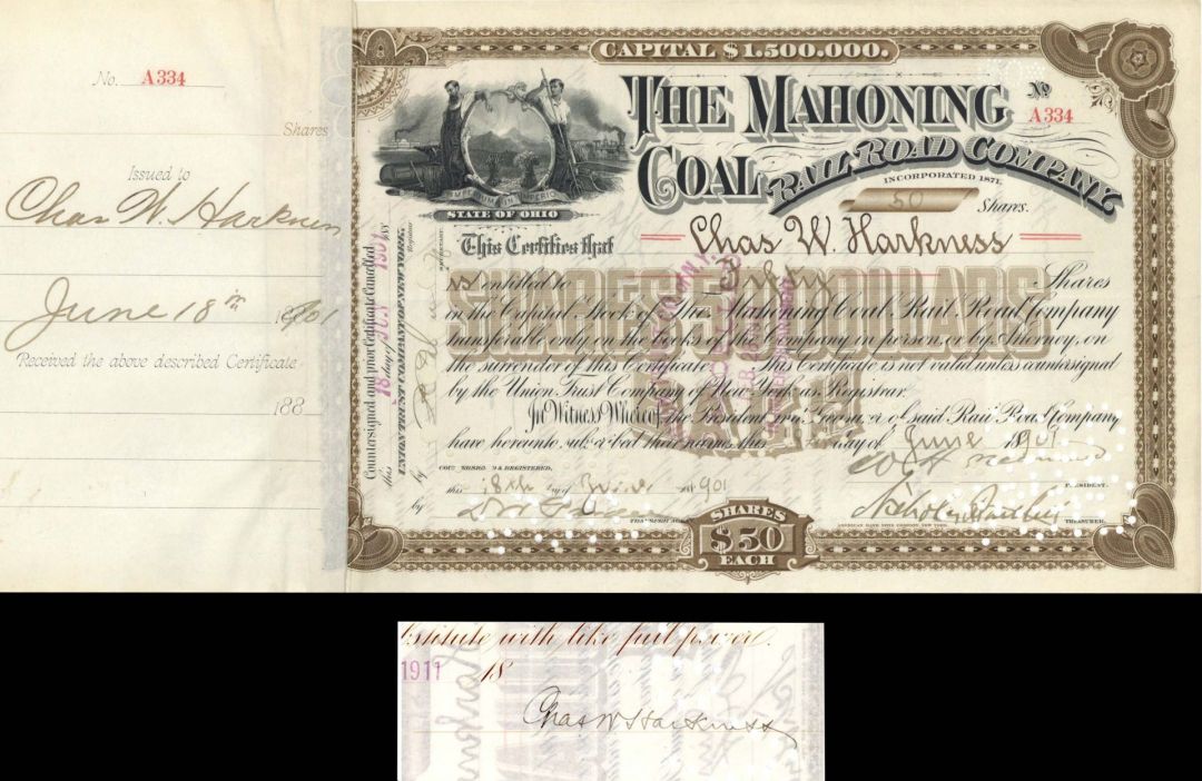 Mahoning Coal Railroad Issued to and Signed by C. W. Harkness  - Autographed Stocks and Bonds