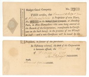 Blodget Canal Co. signed by Samuel Blodget - 1799 dated Autographed Stock Certificate