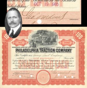 Philadelphia Traction Co. signed by George D. Widener - Died on the Titanic - 1905-1907 dated Autograph Stock Certificate