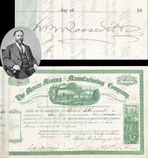 Mercer Mining and Manufacturing Co. issued to and signed by Robert B. Roosevelt - 1875 or 1878 dated Autographed Stock Certificate