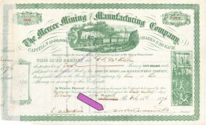 Mercer Mining and Manufacturing Co. signed by Robert B. Roosevelt - 1876 dated Autographed Stock Certificate