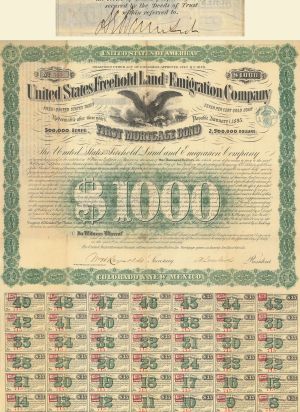 United States Freehold Land and Emigration Co. - 1870 dated $100 Bond signed by General Ambrose E. Burnside