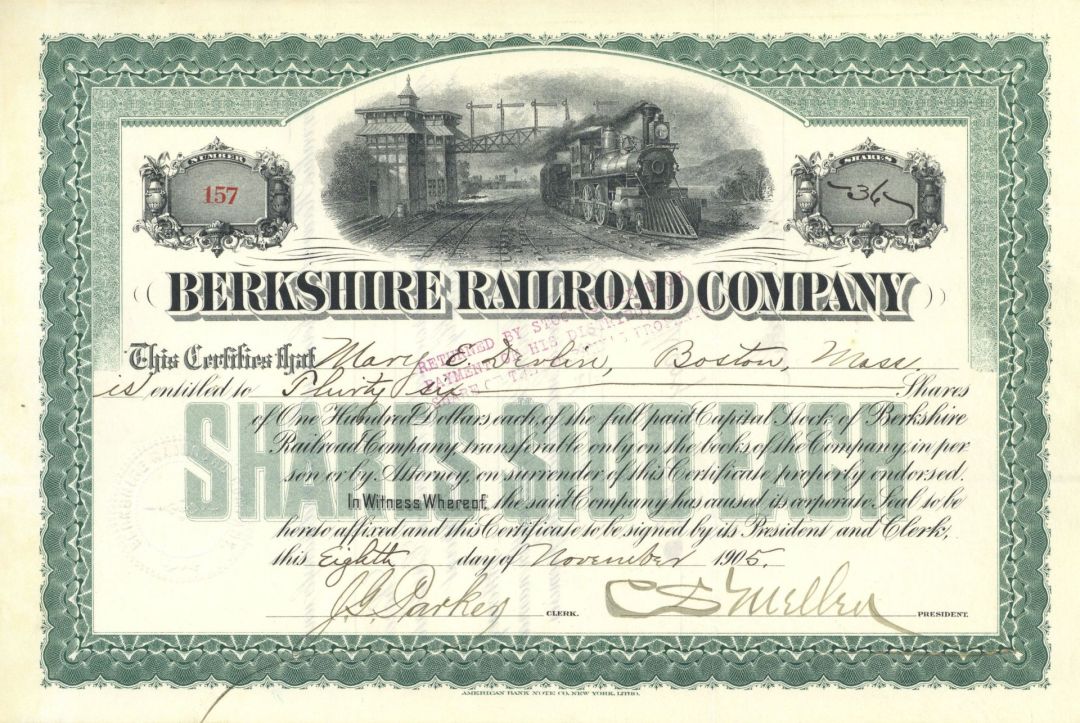 Charles Sanger Mellen signed Berkshire Railroad Co. - 1905 dated Autograph Railway Stock Certificate