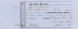 Hudson River Railroad Co. issued to Commodore Cornelius Vanderbilt, not signed - 1865 dated Railroad Transfer Receipt