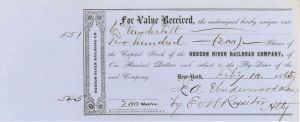 Hudson River Railroad Co. Issued to Commodore Cornelius Vanderbilt and signed by Edward Van Wyck Rossiter Rossiter  - 1865 dated Autographed Transfer Receipt