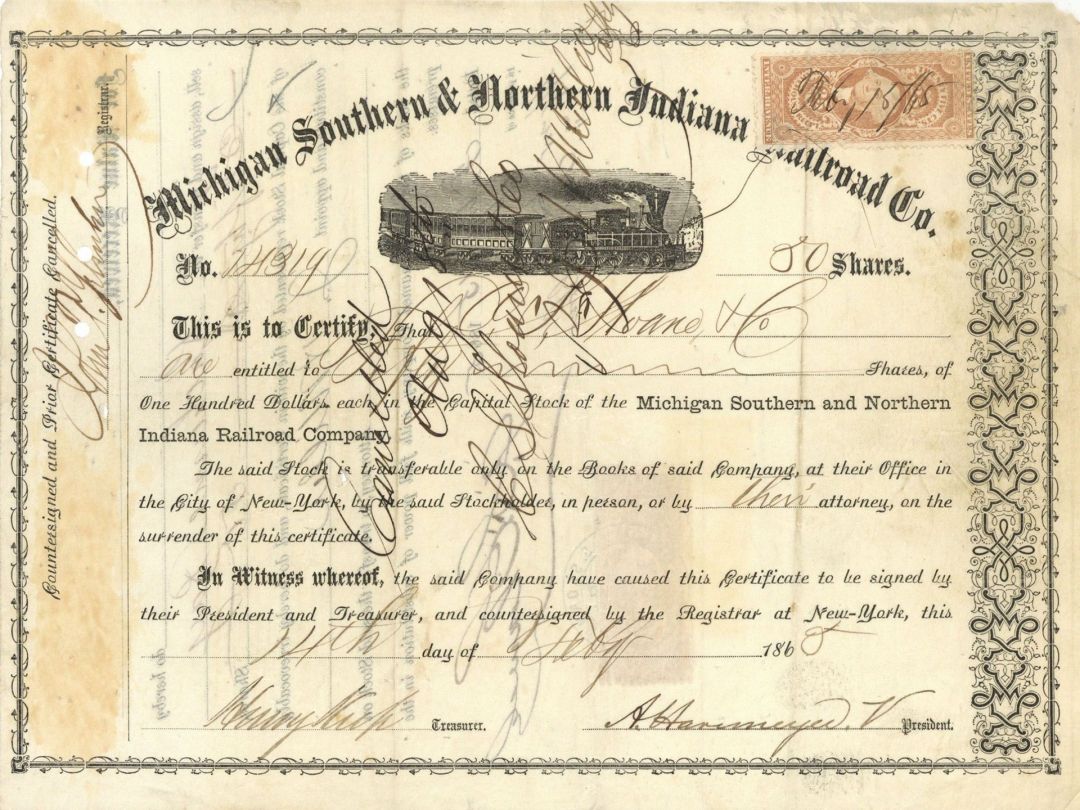 Henry Keep signed Michigan Southern and Northern Indiana Railroad Co. - Stock Certificate