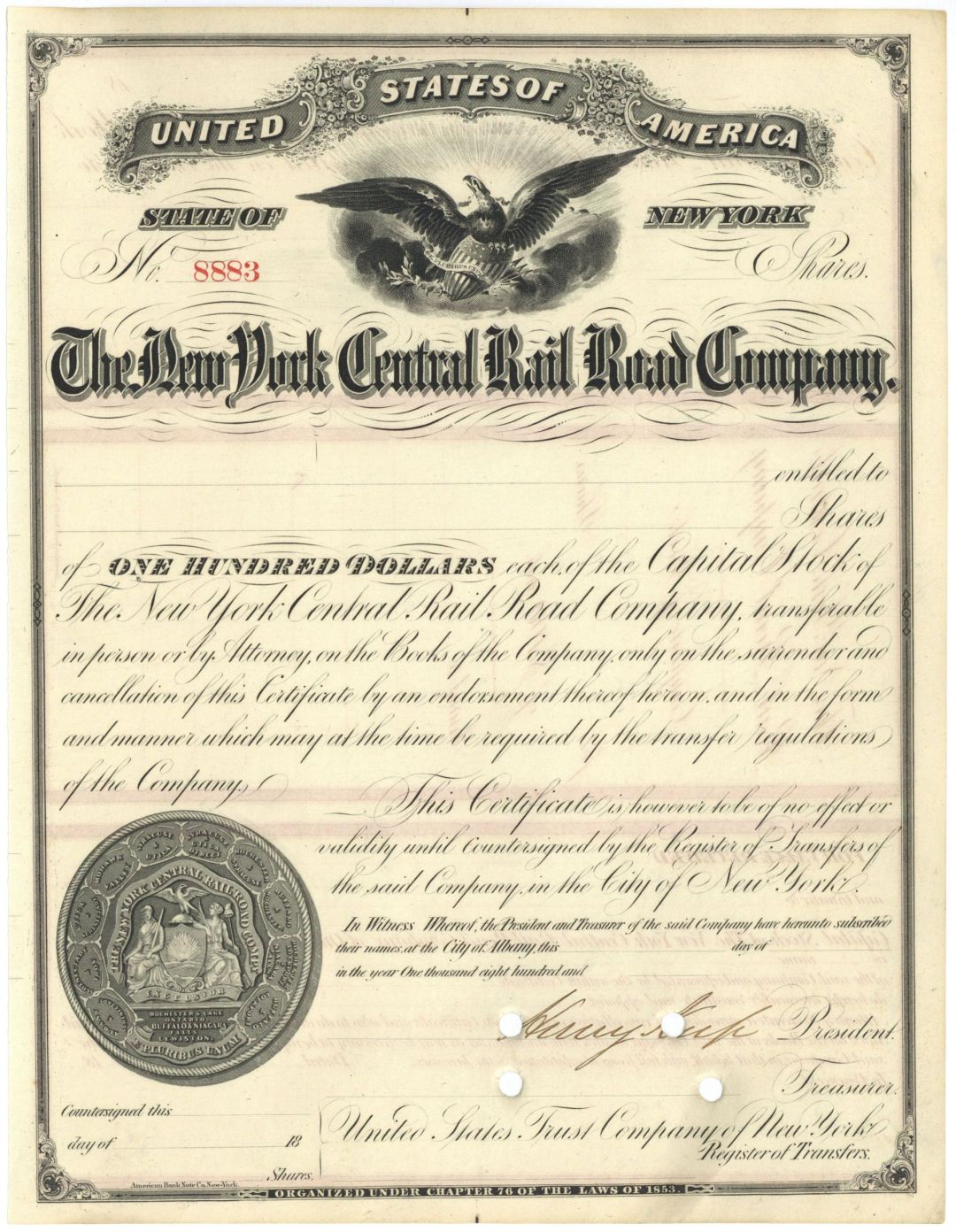 Henry Keep signed New York Central Railroad - circa 1870's Unissued Railway Autograph Stock Certificate