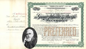 Great Atlantic and Pacific Tea Co. signed by George H. Hartford - 1904-1916 dated Autographed Stock Certificate