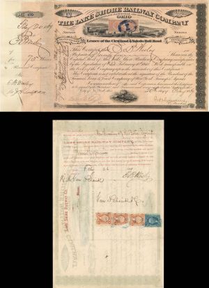 Lake Shore Railway Co. signed by J.H. Devereux - 1869 Railroad Stock Certificate