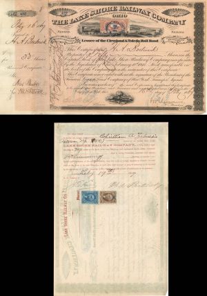 Lake Shore Railway Co. signed by J.H. Devereux - 1868 or 1869 Railroad Stock Certificate