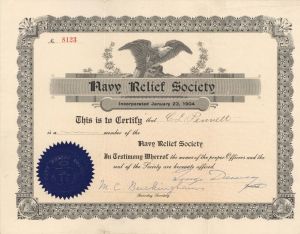 Navy Relief Society Membership Certificate Signed by Admiral George Dewey - 1904 dated Autograph